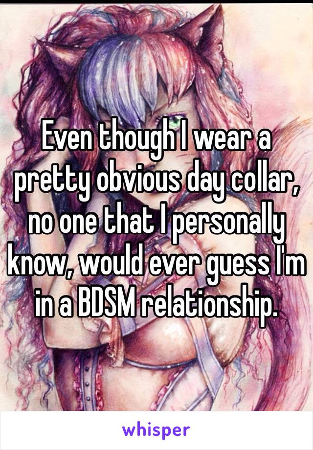 Even though I wear a pretty obvious day collar, no one that I personally know, would ever guess I'm in a BDSM relationship.