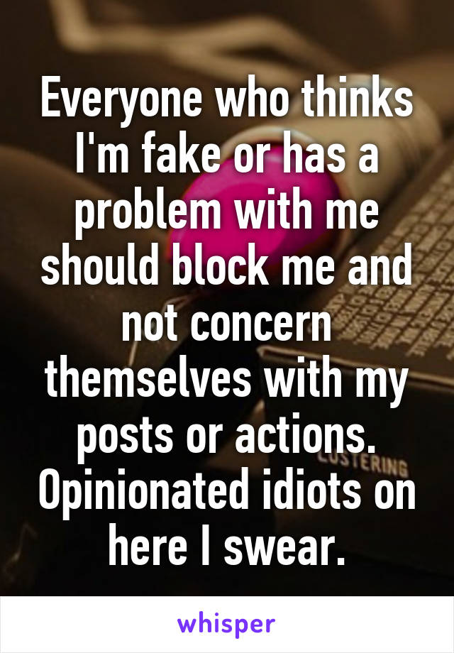 Everyone who thinks I'm fake or has a problem with me should block me and not concern themselves with my posts or actions. Opinionated idiots on here I swear.