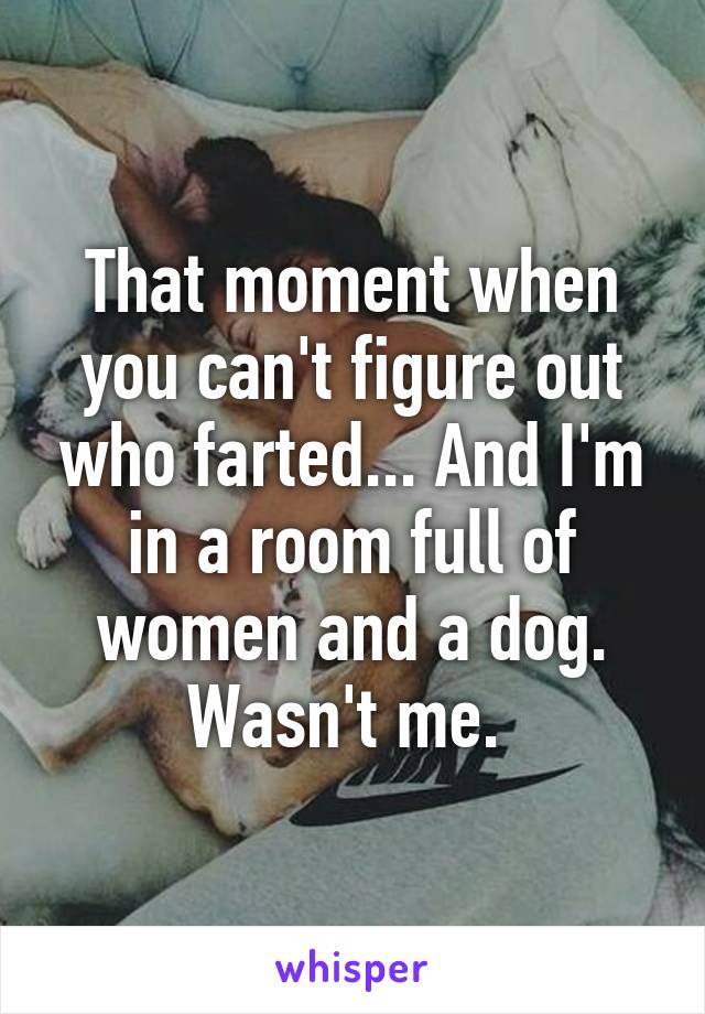 That moment when you can't figure out who farted... And I'm in a room full of women and a dog. Wasn't me. 