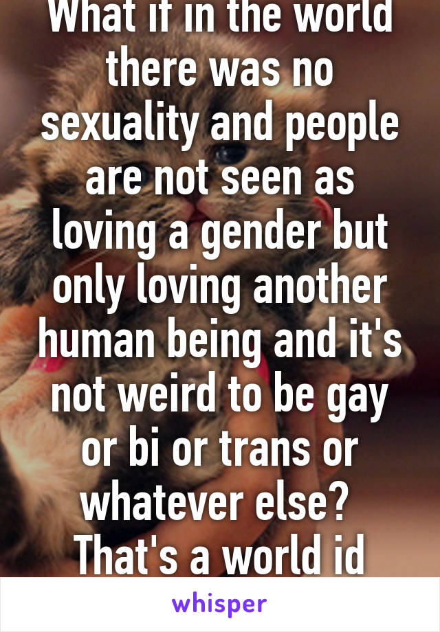 What if in the world there was no sexuality and people are not seen as loving a gender but only loving another human being and it's not weird to be gay or bi or trans or whatever else? 
That's a world id want to live in!