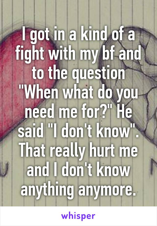 I got in a kind of a fight with my bf and to the question "When what do you need me for?" He said "I don't know". That really hurt me and I don't know anything anymore.