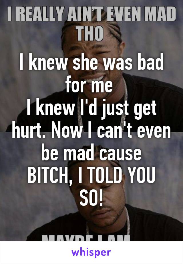 I knew she was bad for me 
I knew I'd just get hurt. Now I can't even be mad cause
BITCH, I TOLD YOU SO!