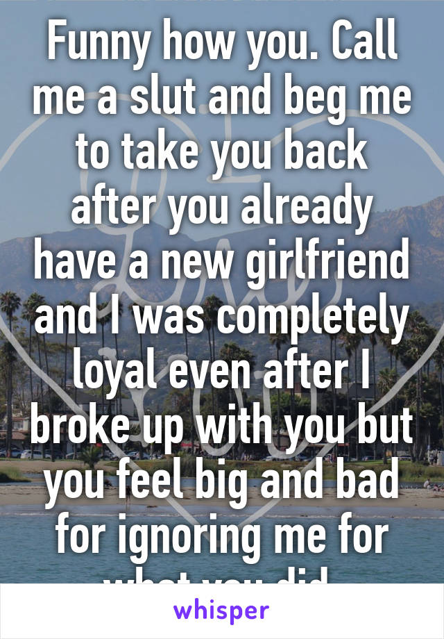 Funny how you. Call me a slut and beg me to take you back after you already have a new girlfriend and I was completely loyal even after I broke up with you but you feel big and bad for ignoring me for what you did 