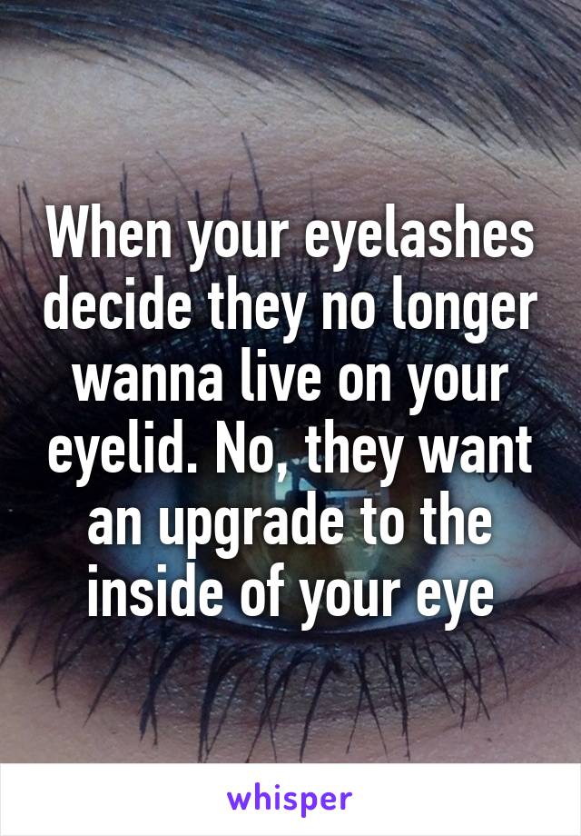 When your eyelashes decide they no longer wanna live on your eyelid. No, they want an upgrade to the inside of your eye