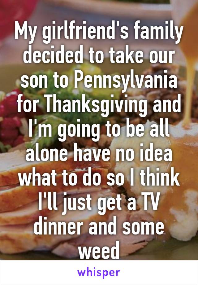 My girlfriend's family decided to take our son to Pennsylvania for Thanksgiving and I'm going to be all alone have no idea what to do so I think I'll just get a TV dinner and some weed