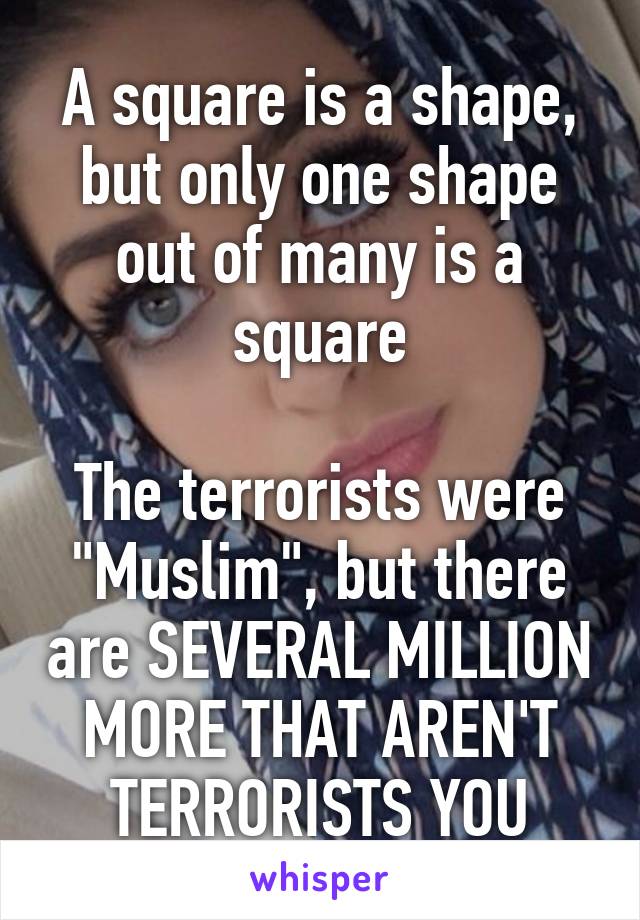 let's get this right

A square is a shape, but only one shape out of many is a square

The terrorists were "Muslim", but there are SEVERAL MILLION MORE THAT AREN'T TERRORISTS YOU DENSE MOTHERFUCKERS