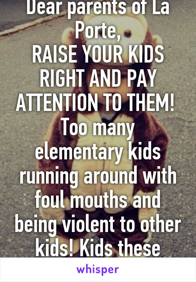 Dear parents of La Porte,
RAISE YOUR KIDS RIGHT AND PAY ATTENTION TO THEM! 
Too many elementary kids running around with foul mouths and being violent to other kids! Kids these days! WTF?