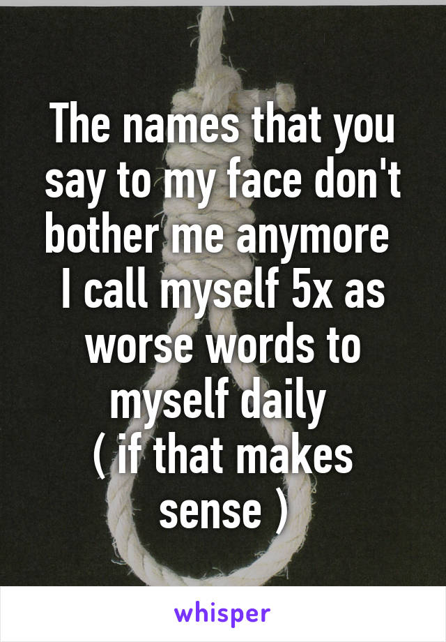 The names that you say to my face don't bother me anymore 
I call myself 5x as worse words to myself daily 
( if that makes sense )