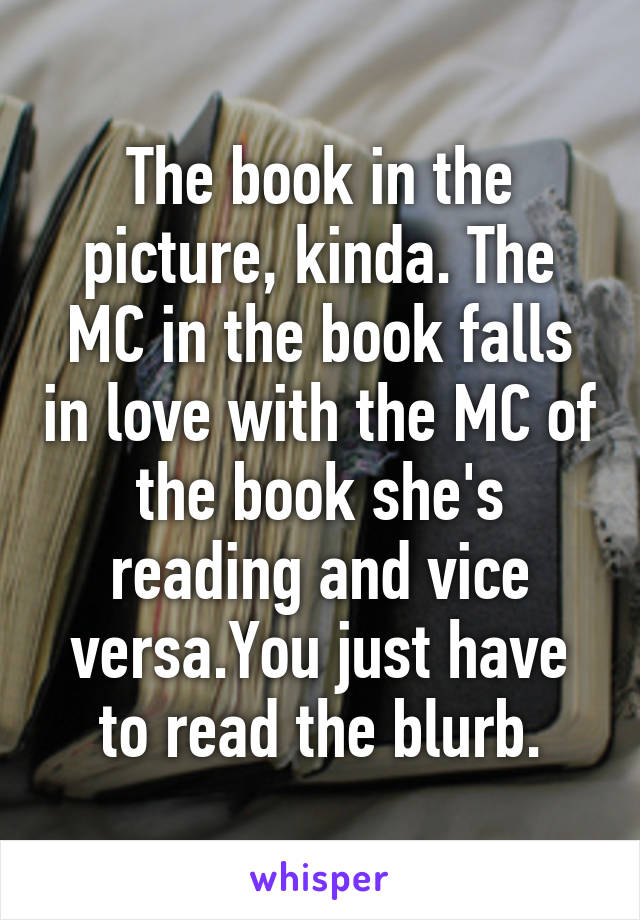 The book in the picture, kinda. The MC in the book falls in love with the MC of the book she's reading and vice versa.You just have to read the blurb.