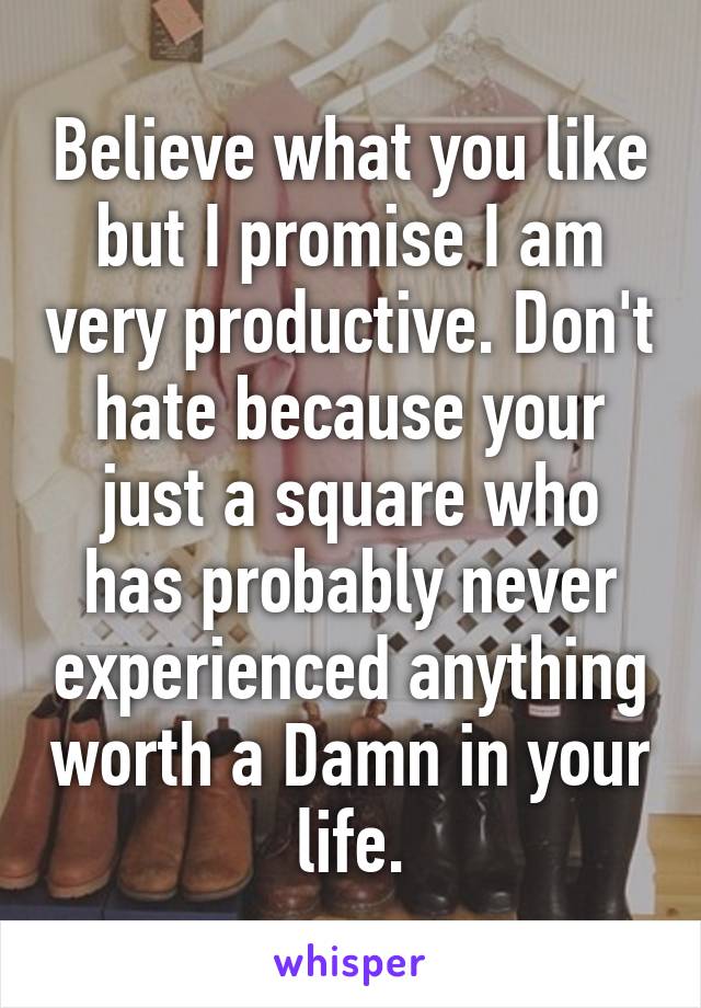 Believe what you like but I promise I am very productive. Don't hate because your just a square who has probably never experienced anything worth a Damn in your life.