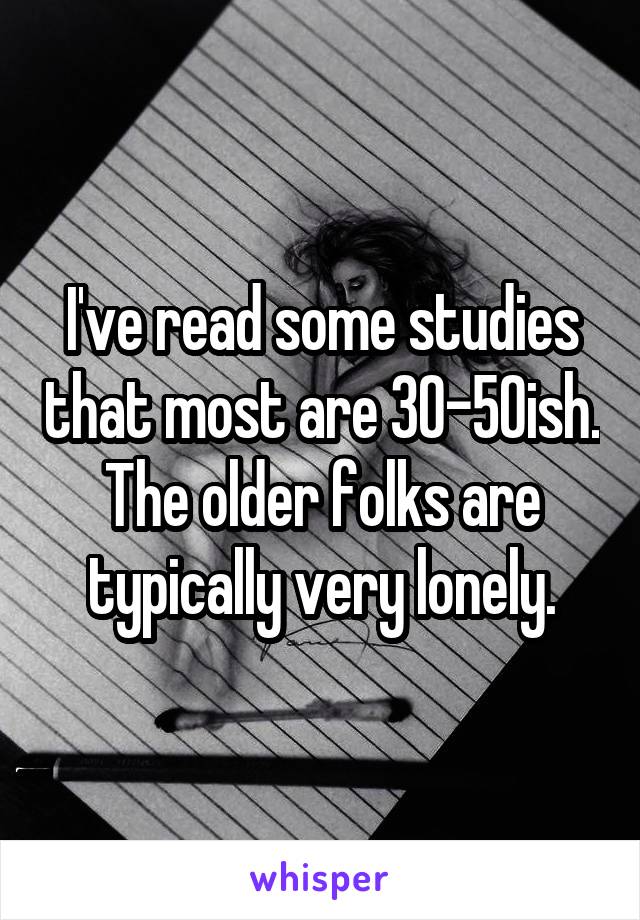 I've read some studies that most are 30-50ish.
The older folks are typically very lonely.