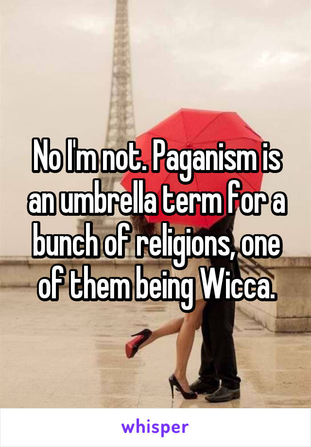 No I'm not. Paganism is an umbrella term for a bunch of religions, one of them being Wicca.