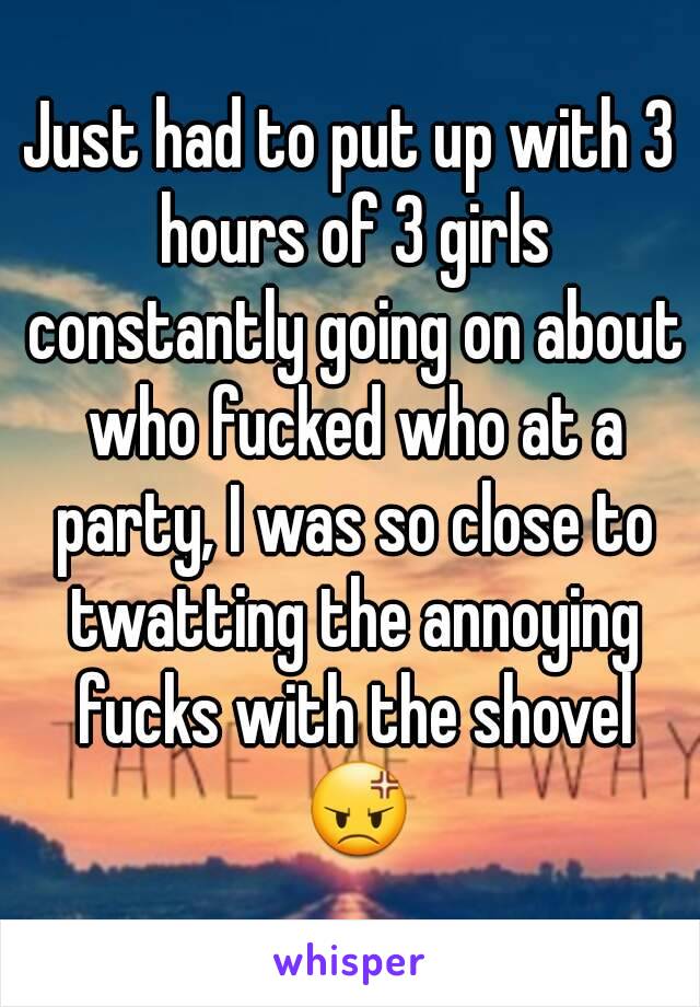 Just had to put up with 3 hours of 3 girls constantly going on about who fucked who at a party, I was so close to twatting the annoying fucks with the shovel 😡