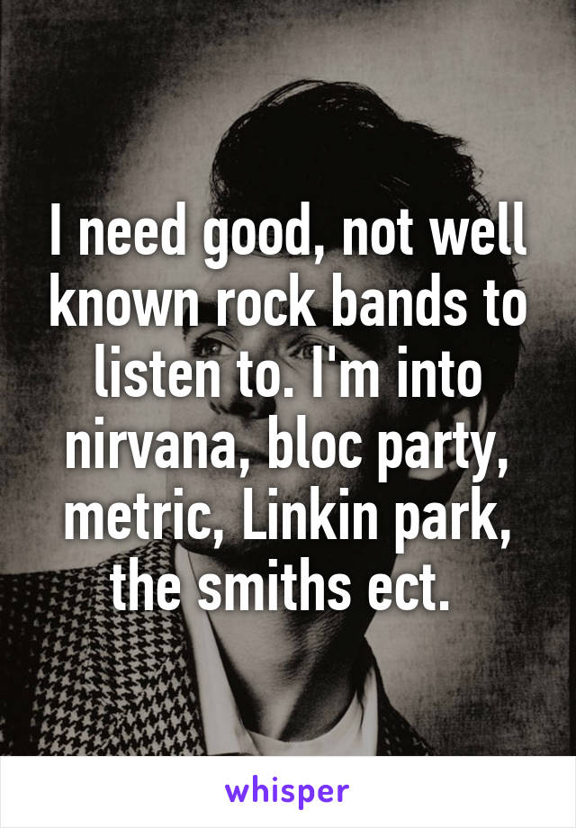 I need good, not well known rock bands to listen to. I'm into nirvana, bloc party, metric, Linkin park, the smiths ect. 