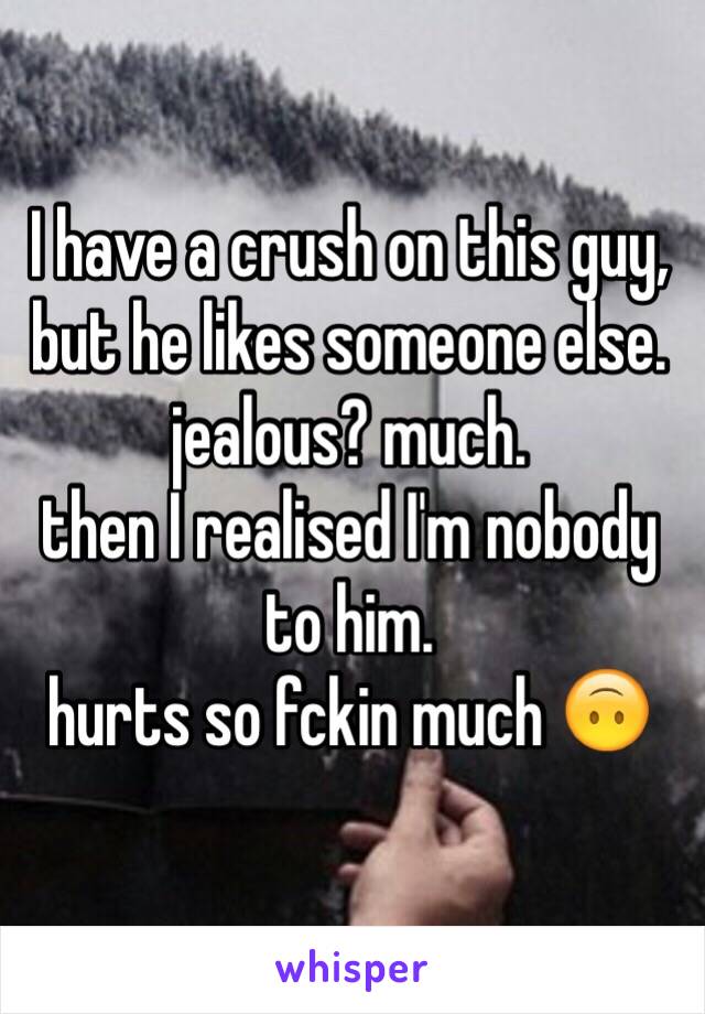 I have a crush on this guy, but he likes someone else. 
jealous? much. 
then I realised I'm nobody to him. 
hurts so fckin much 🙃
