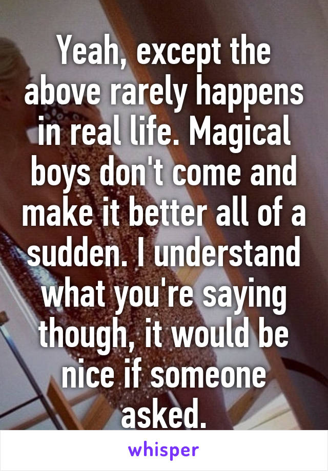 Yeah, except the above rarely happens in real life. Magical boys don't come and make it better all of a sudden. I understand what you're saying though, it would be nice if someone asked.