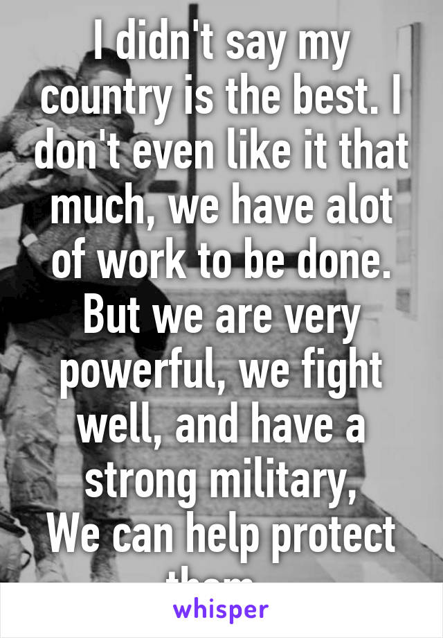 I didn't say my country is the best. I don't even like it that much, we have alot of work to be done. But we are very powerful, we fight well, and have a strong military,
We can help protect them. 