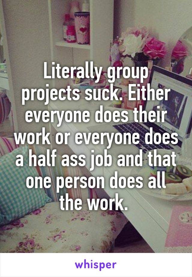 Literally group projects suck. Either everyone does their work or everyone does a half ass job and that one person does all the work. 