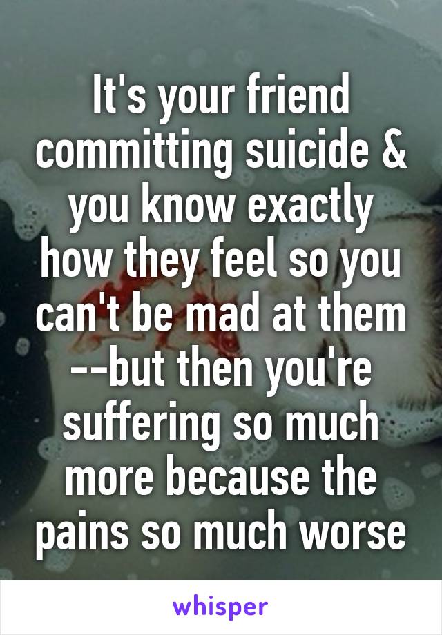 It's your friend committing suicide & you know exactly how they feel so you can't be mad at them --but then you're suffering so much more because the pains so much worse