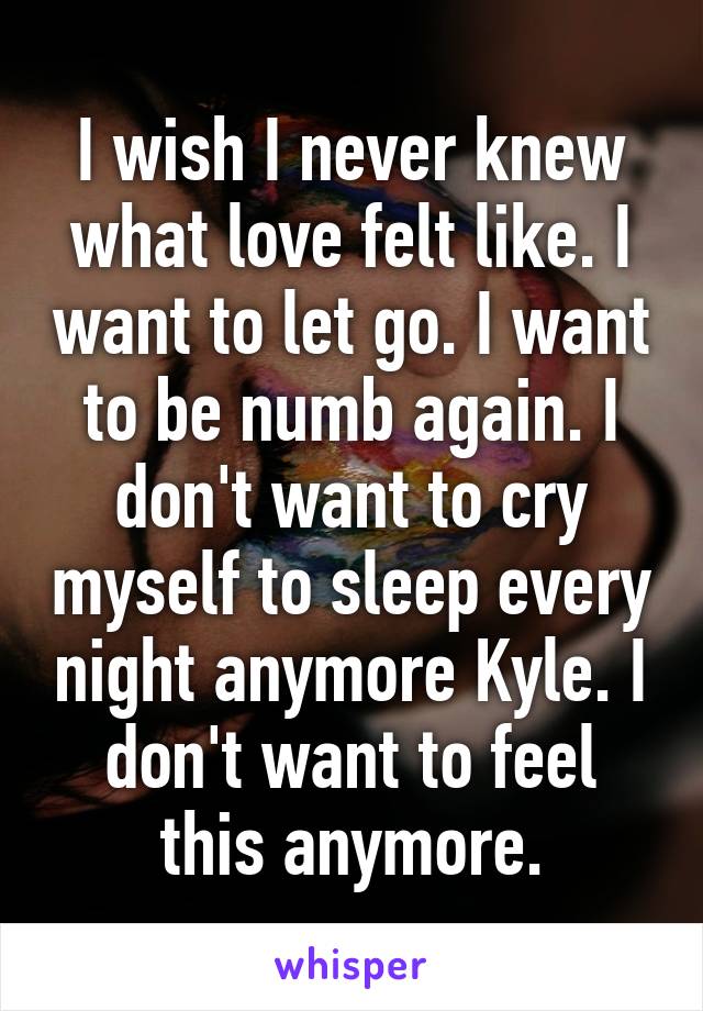 I wish I never knew what love felt like. I want to let go. I want to be numb again. I don't want to cry myself to sleep every night anymore Kyle. I don't want to feel this anymore.