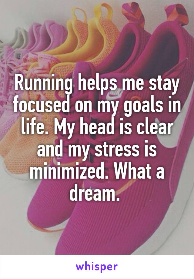 Running helps me stay focused on my goals in life. My head is clear and my stress is minimized. What a dream. 