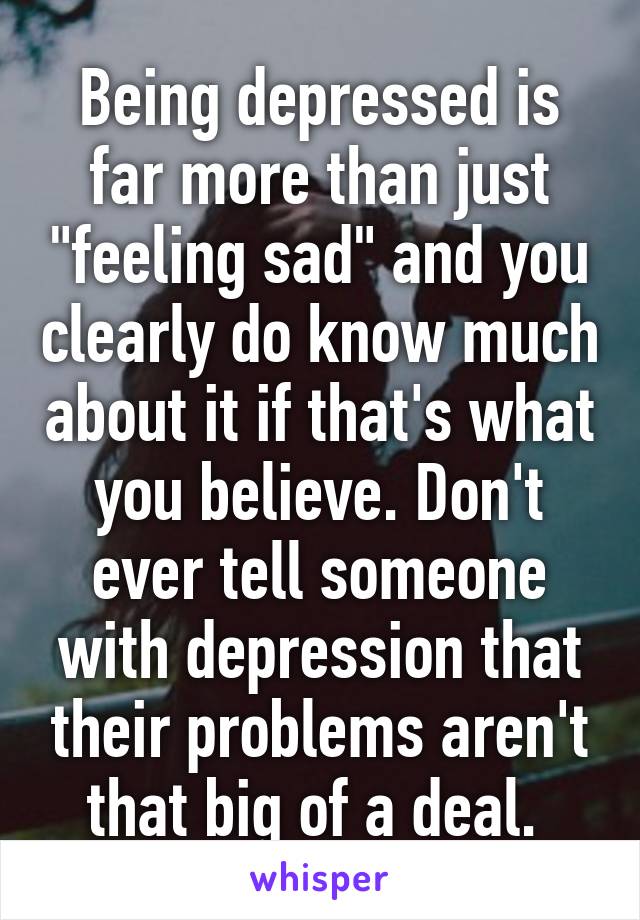 Being depressed is far more than just "feeling sad" and you clearly do know much about it if that's what you believe. Don't ever tell someone with depression that their problems aren't that big of a deal. 