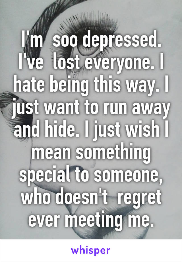 I'm  soo depressed. I've  lost everyone. I hate being this way. I just want to run away and hide. I just wish I mean something special to someone, who doesn't  regret ever meeting me.