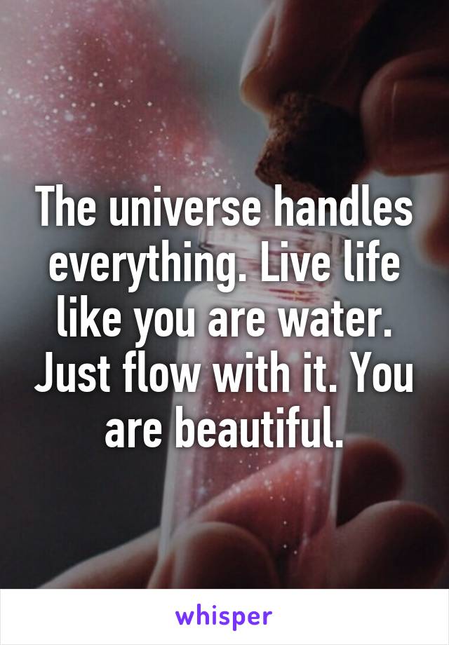 The universe handles everything. Live life like you are water. Just flow with it. You are beautiful.