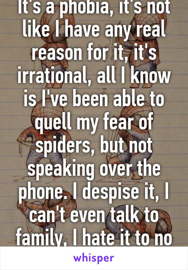 It's a phobia, it's not like I have any real reason for it, it's irrational, all I know is I've been able to quell my fear of spiders, but not speaking over the phone. I despise it, I can't even talk to family, I hate it to no end