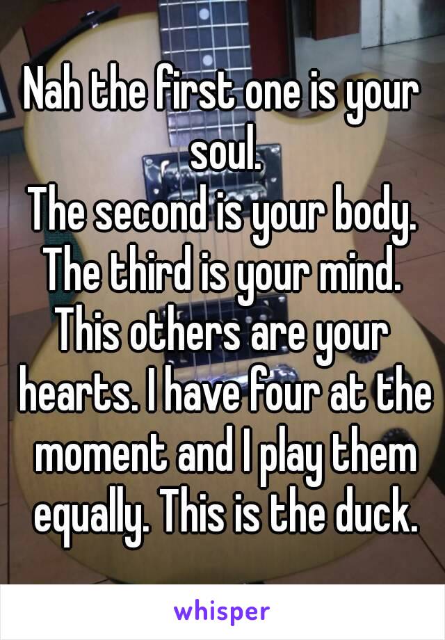 Nah the first one is your soul.
The second is your body.
The third is your mind.
This others are your hearts. I have four at the moment and I play them equally. This is the duck.