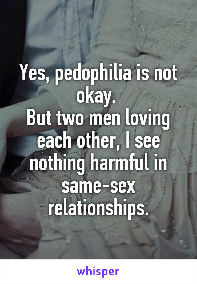 Yes, pedophilia is not okay. 
But two men loving each other, I see nothing harmful in same-sex relationships.