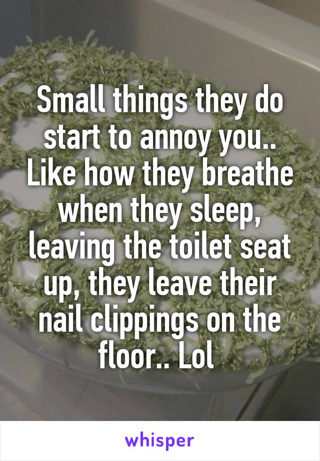 Small things they do start to annoy you.. Like how they breathe when they sleep, leaving the toilet seat up, they leave their nail clippings on the floor.. Lol 