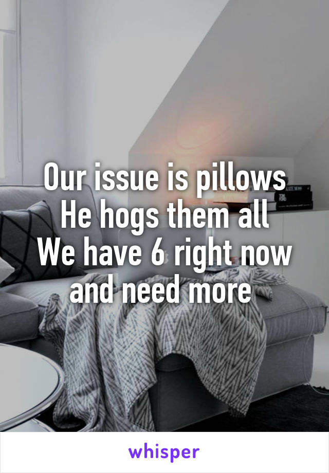 Our issue is pillows
He hogs them all
We have 6 right now and need more 