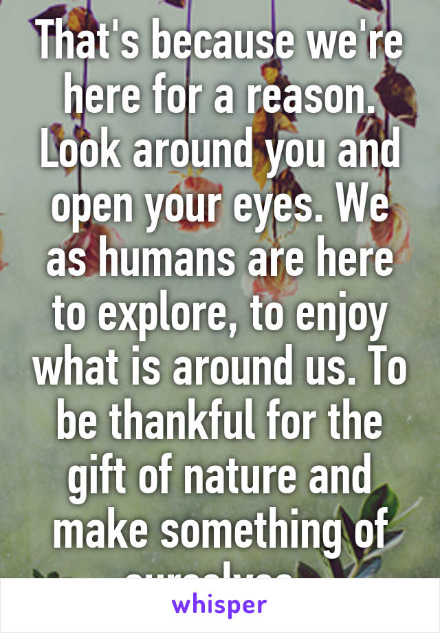 That's because we're here for a reason. Look around you and open your eyes. We as humans are here to explore, to enjoy what is around us. To be thankful for the gift of nature and make something of ourselves. 