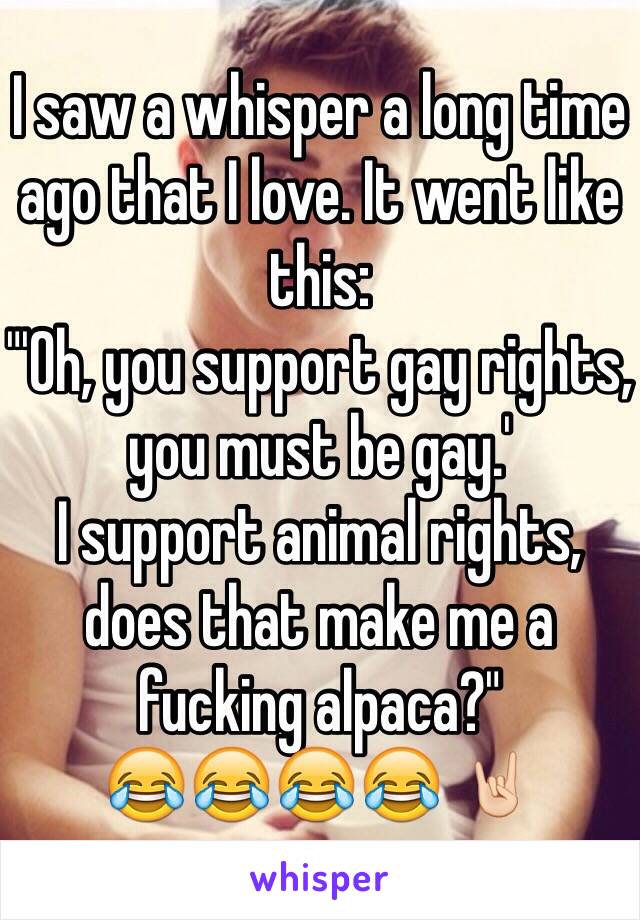 I saw a whisper a long time ago that I love. It went like this:
"'Oh, you support gay rights, you must be gay.'
I support animal rights, does that make me a fucking alpaca?"
😂😂😂😂 🤘🏻