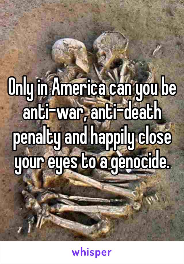 Only in America can you be anti-war, anti-death penalty and happily close your eyes to a genocide. 