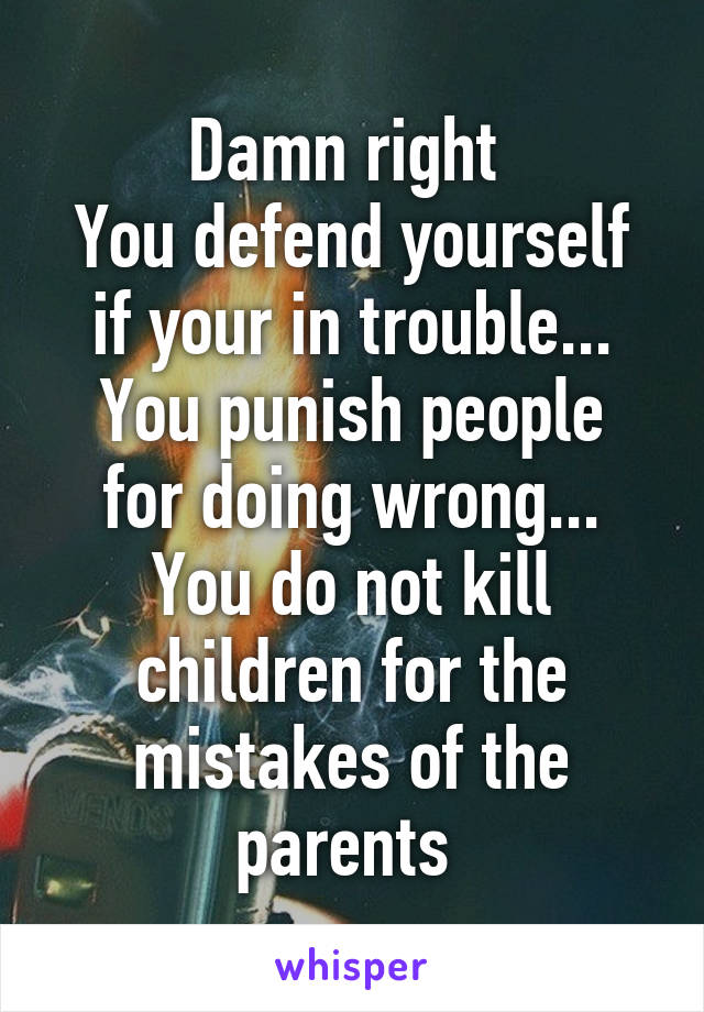 Damn right 
You defend yourself if your in trouble...
You punish people for doing wrong...
You do not kill children for the mistakes of the parents 