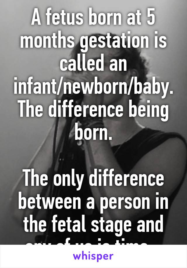 A fetus born at 5 months gestation is called an infant/newborn/baby. The difference being born.

The only difference between a person in the fetal stage and any of us is time...