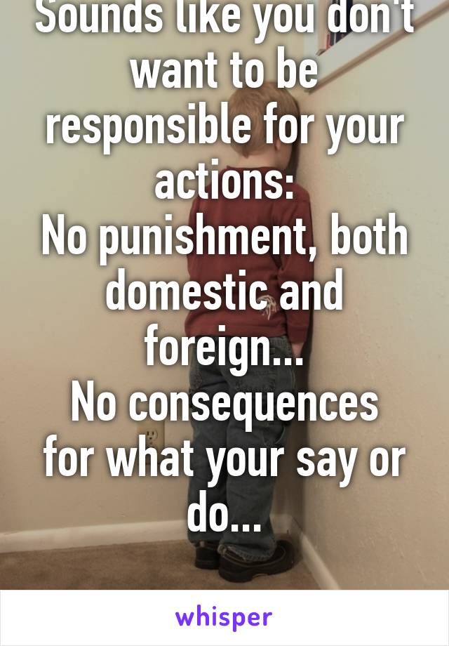 Sounds like you don't want to be responsible for your actions:
No punishment, both domestic and foreign...
No consequences for what your say or do...

