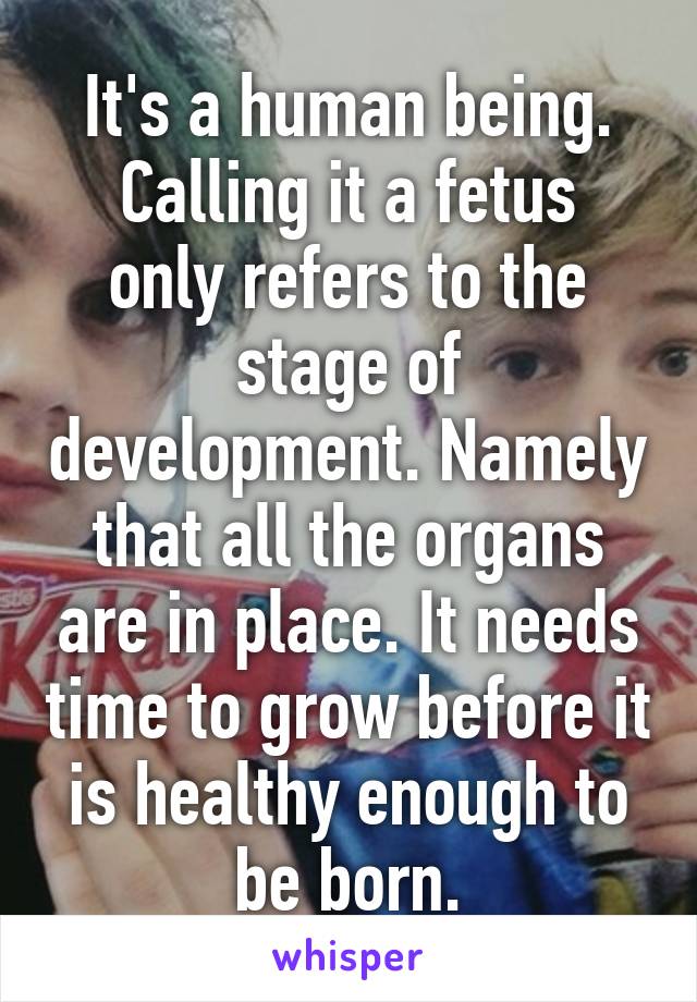 It's a human being.
Calling it a fetus only refers to the stage of development. Namely that all the organs are in place. It needs time to grow before it is healthy enough to be born.