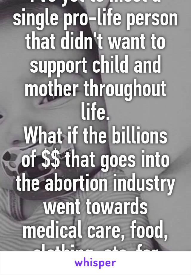 I've yet to meet a single pro-life person that didn't want to support child and mother throughout life.
What if the billions of $$ that goes into the abortion industry went towards medical care, food, clothing, etc. for children?