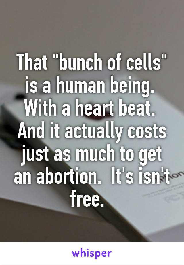 That "bunch of cells" is a human being.  With a heart beat.  And it actually costs just as much to get an abortion.  It's isn't free.  