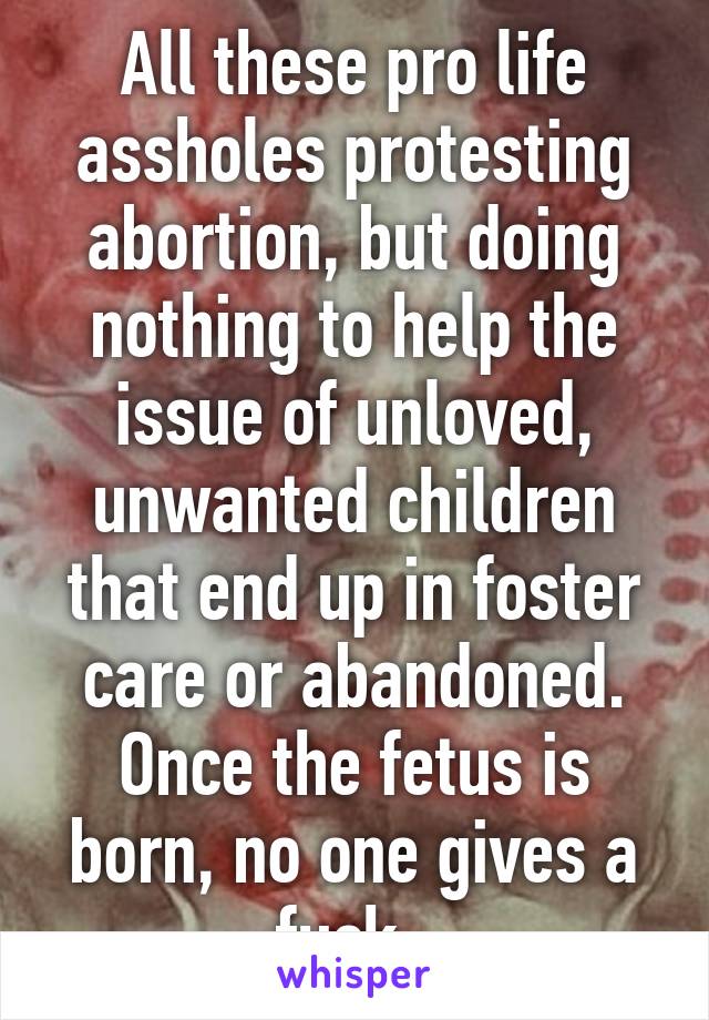 All these pro life assholes protesting abortion, but doing nothing to help the issue of unloved, unwanted children that end up in foster care or abandoned. Once the fetus is born, no one gives a fuck. 