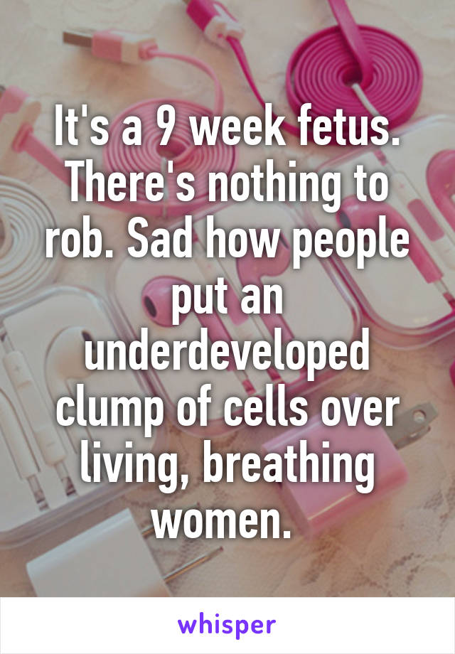 It's a 9 week fetus. There's nothing to rob. Sad how people put an underdeveloped clump of cells over living, breathing women. 