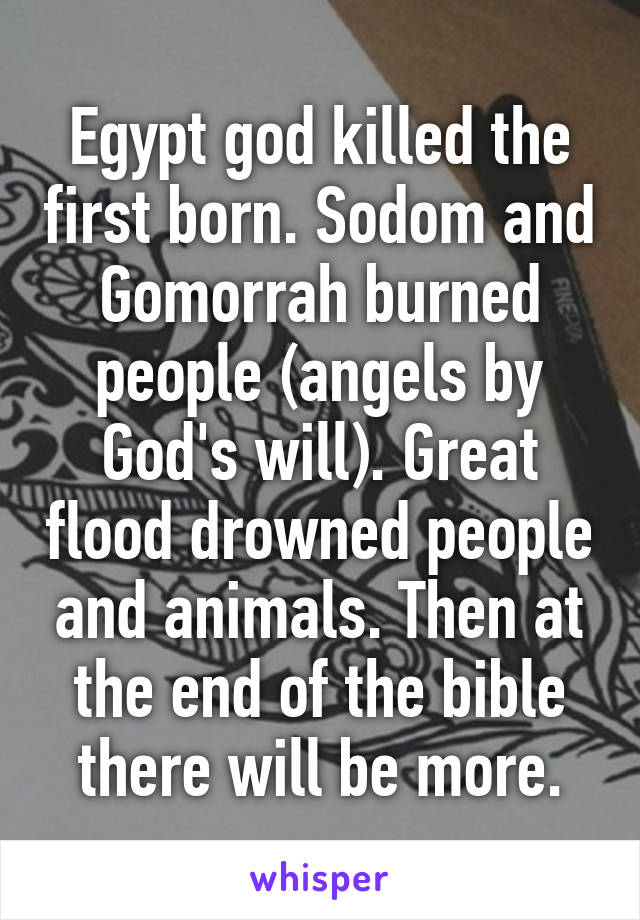 Egypt god killed the first born. Sodom and Gomorrah burned people (angels by God's will). Great flood drowned people and animals. Then at the end of the bible there will be more.