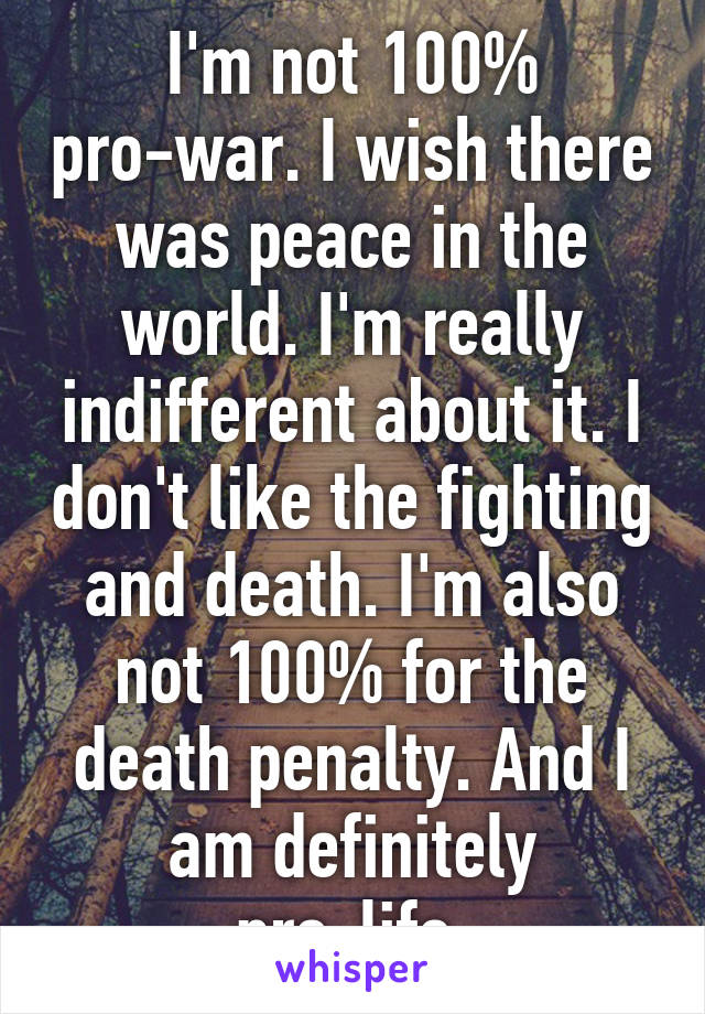 I'm not 100% pro-war. I wish there was peace in the world. I'm really indifferent about it. I don't like the fighting and death. I'm also not 100% for the death penalty. And I am definitely pro-life.