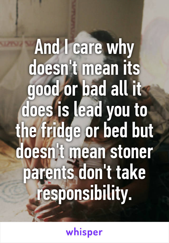 And I care why doesn't mean its good or bad all it does is lead you to the fridge or bed but doesn't mean stoner parents don't take responsibility.