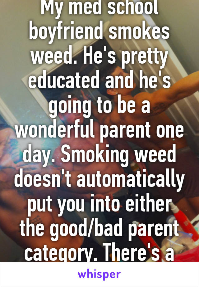 My med school boyfriend smokes weed. He's pretty educated and he's going to be a wonderful parent one day. Smoking weed doesn't automatically put you into either the good/bad parent category. There's a number of factors. 