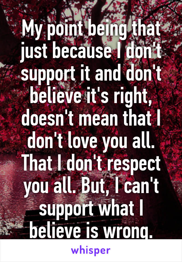 My point being that just because I don't support it and don't believe it's right, doesn't mean that I don't love you all. That I don't respect you all. But, I can't support what I believe is wrong.