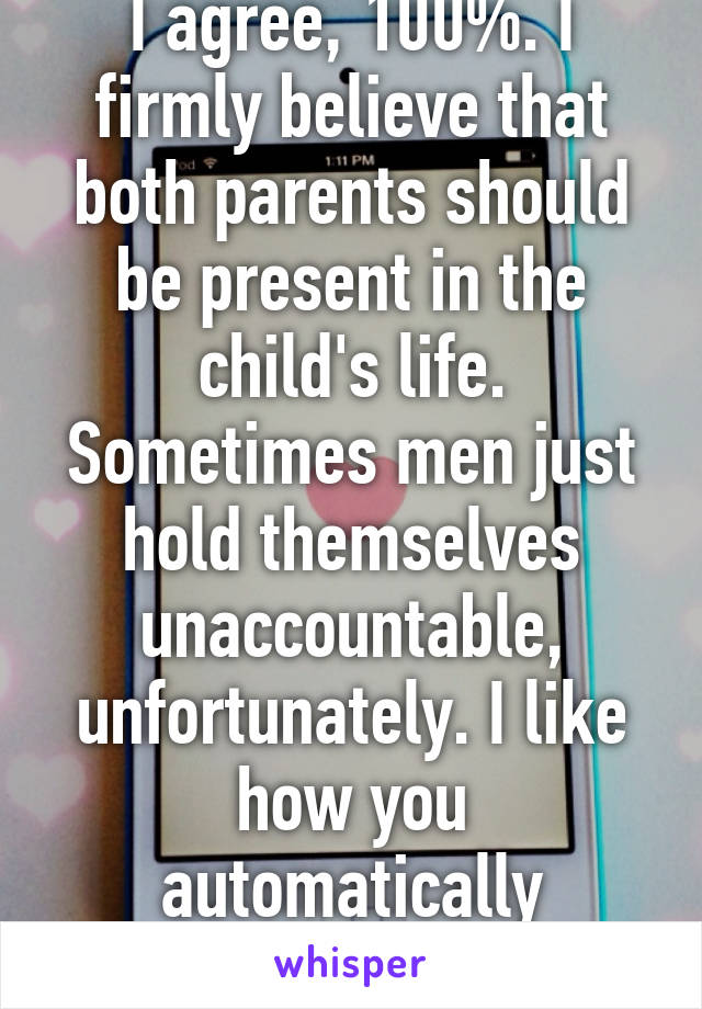 I agree, 100%. I firmly believe that both parents should be present in the child's life. Sometimes men just hold themselves unaccountable, unfortunately. I like how you automatically assumed I'm a guy